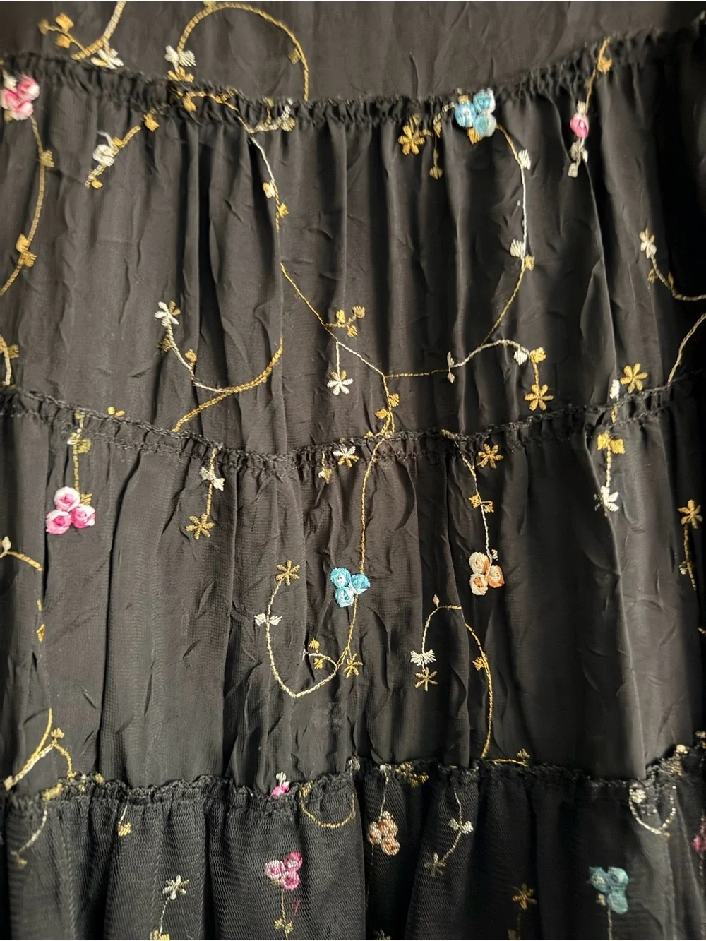 Floral Embroidered Black Tiered Midi Skirt